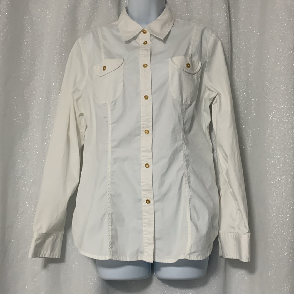 Jones New York white blouse with gold buttons EUC